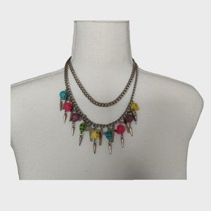 Colourful skull bead and cross charms double layered chain necklace